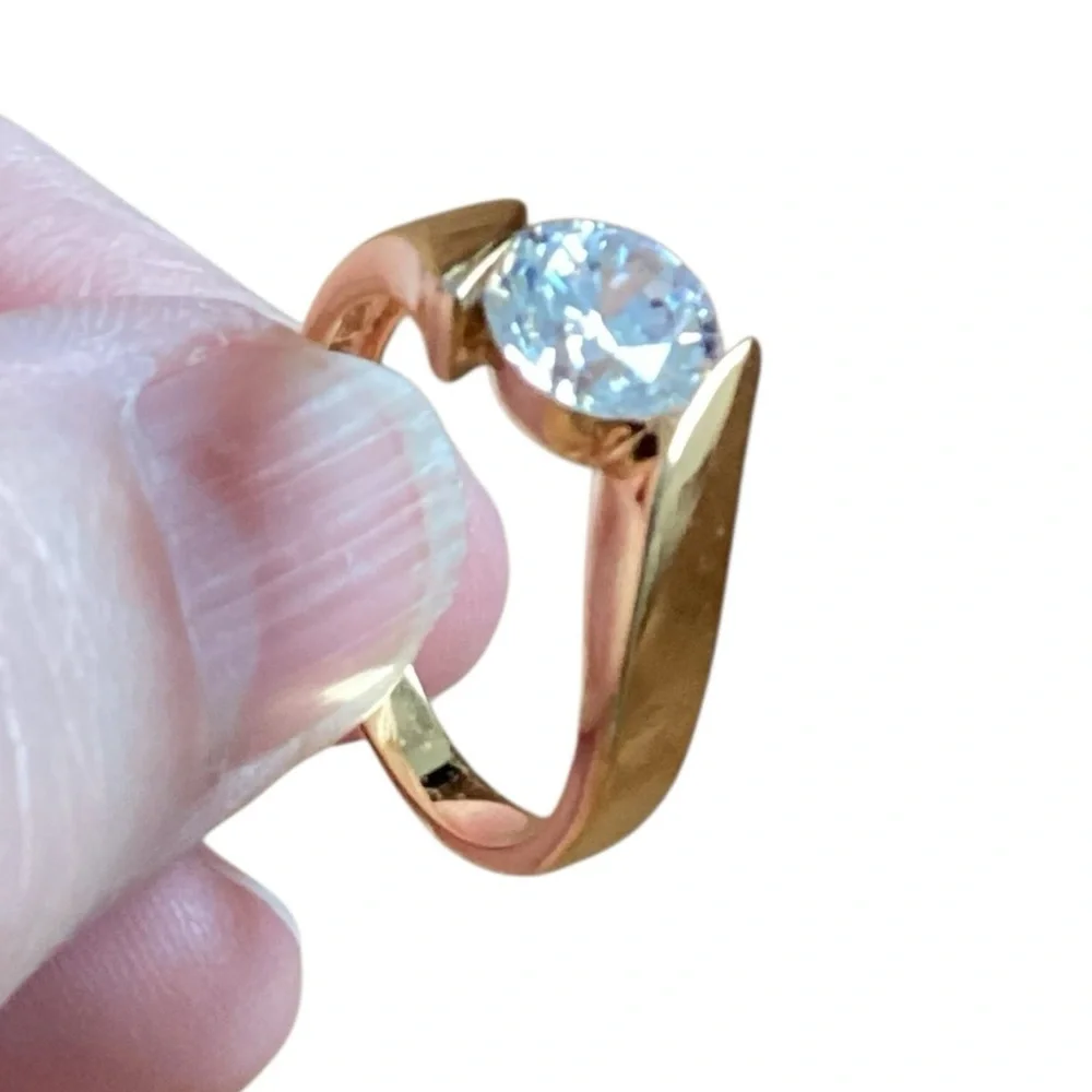 Silver Gold Plated Round Crystal Faux Diamond Solitaire Women's Ring Size 8.75